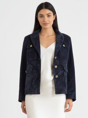 NWOT London Jean Navy Velvet Military Blazer Gold Crest Buttons Size 2